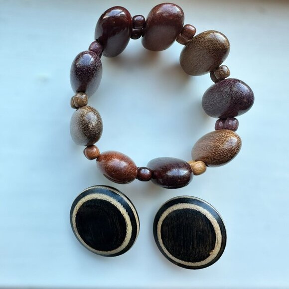 Vintage‎ Wooden Bracelet + Stud Earrings Round Oval Shape Boho Retro - Picture 2 of 11